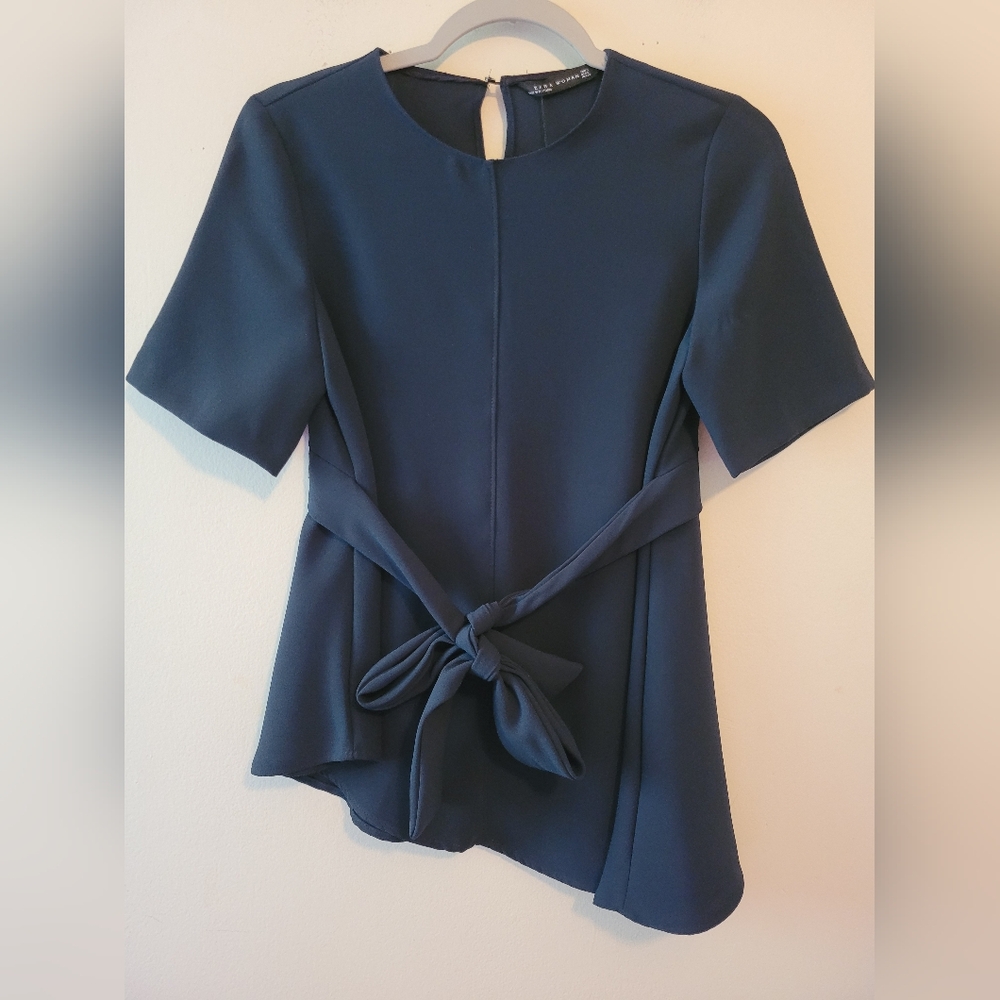 Zara Navy Blue Blouse with Tie Waist